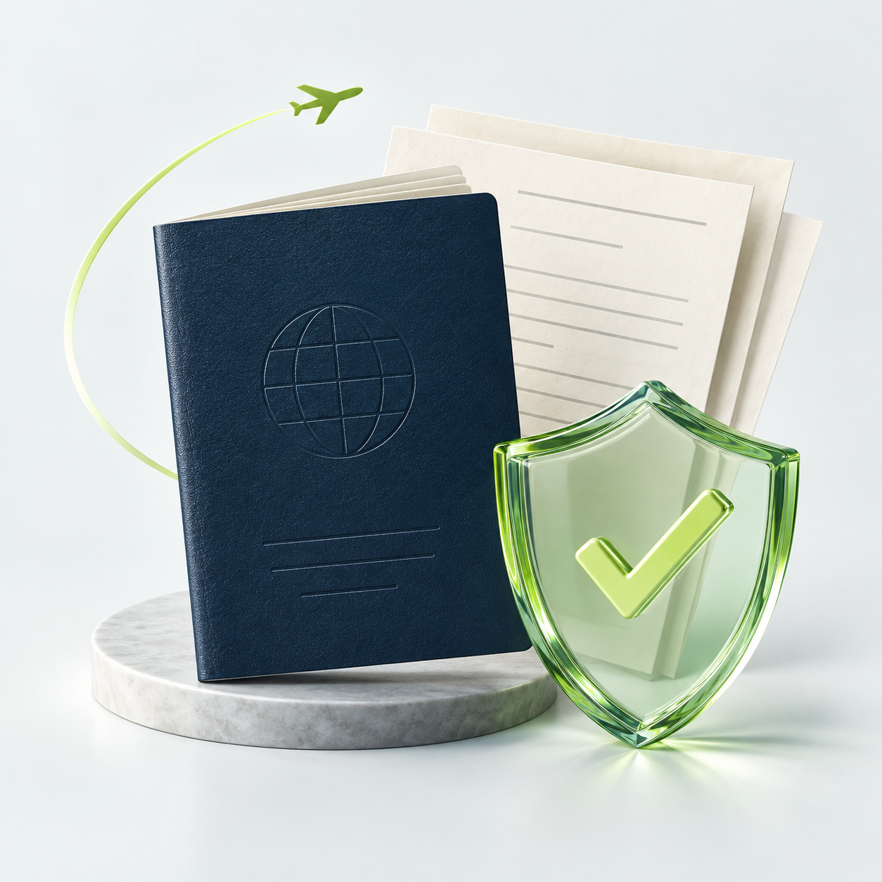 A navy travel booklet, documents, and a green glass shield with a checkmark